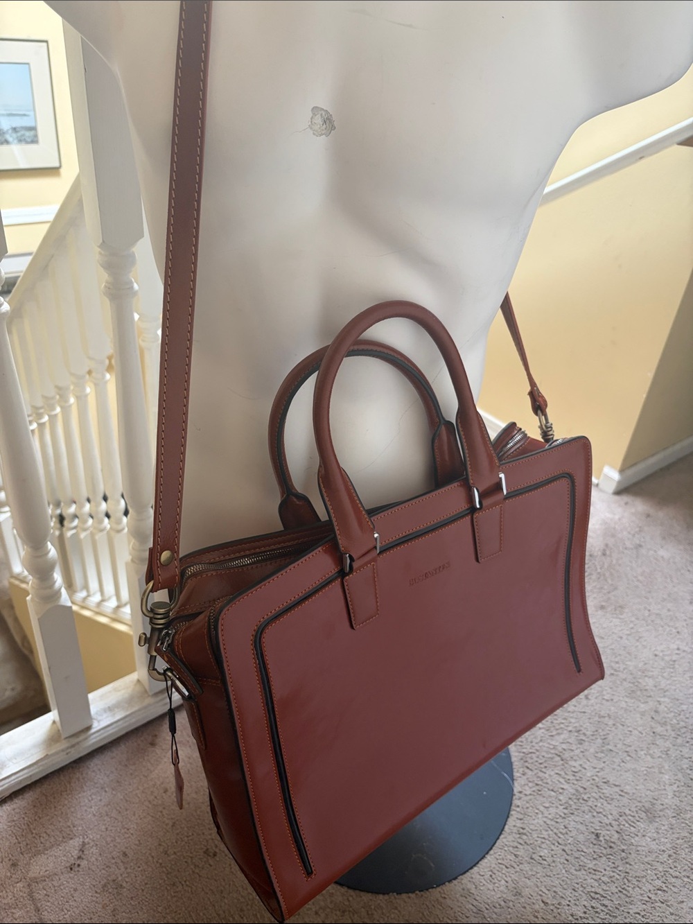 Bostaten Brown Leather Structured Message Bag with Shoulder Strap